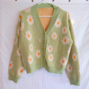 Green Daisy Cropped Knit Cardigan Sweater L Cottagecore Coquette Y2K Soft Girl